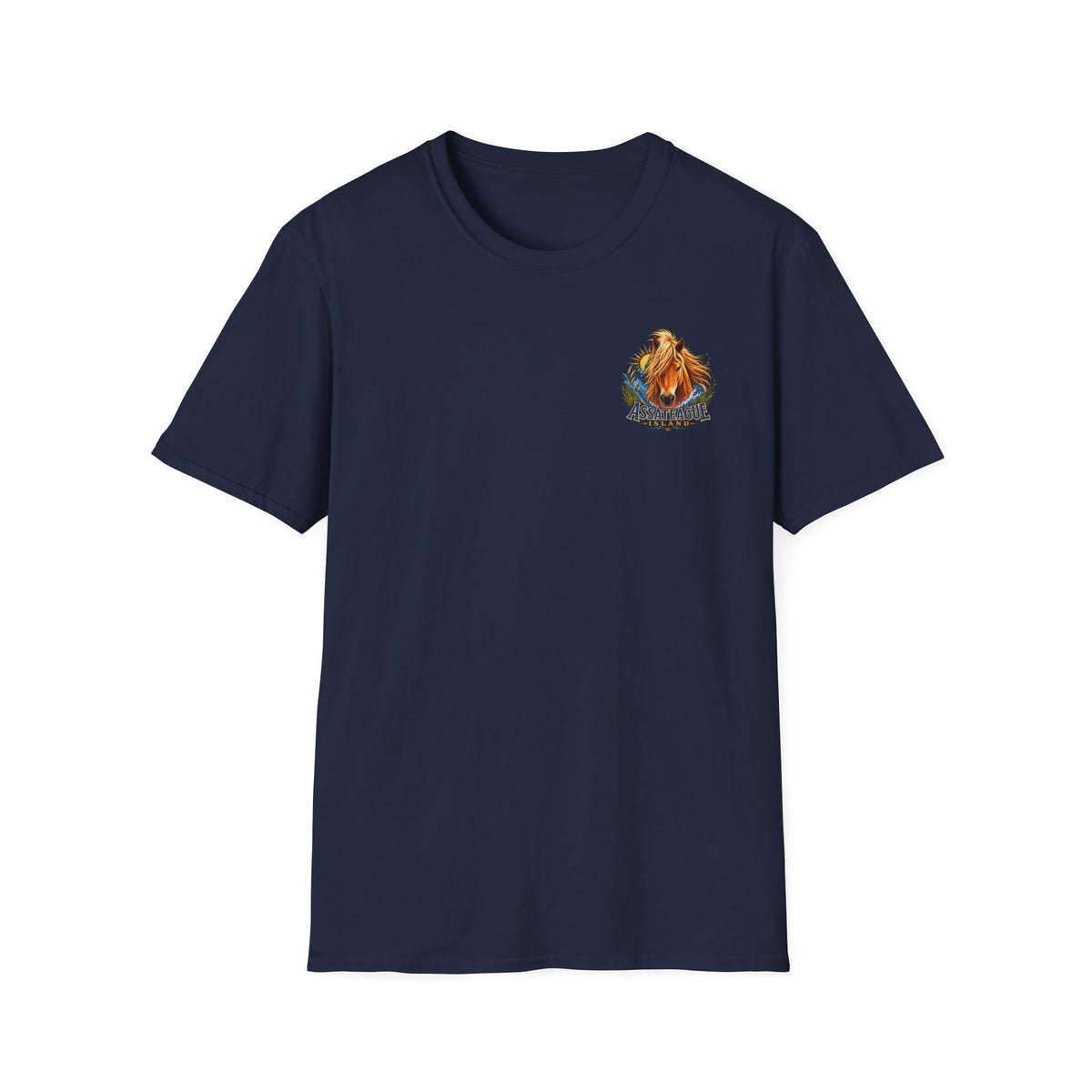 Navy blue Jeff H Travels t-shirt featuring an artistic Assateague wild horse graphic.