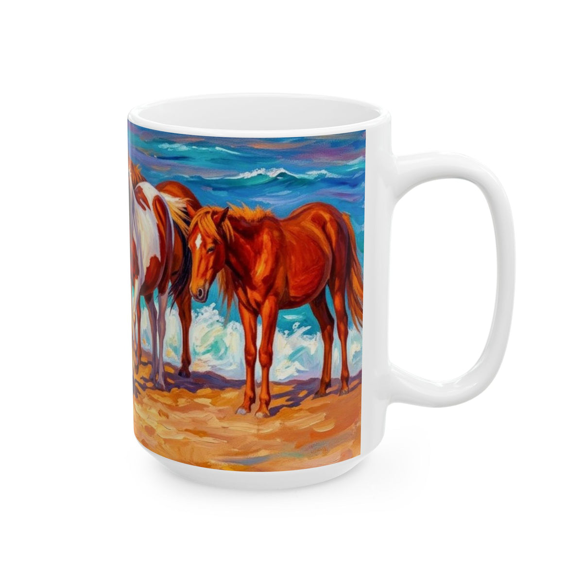 Beach Horses Ceramic Mug — Colorful Wild Pony Ocean Art (11oz, 15oz)