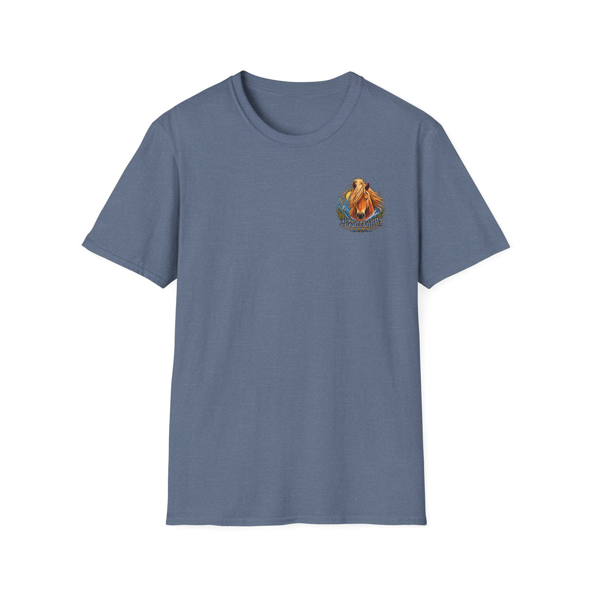 Blue Jeff H Travels t-shirt featuring a graphic of an Assateague Island wild pony.