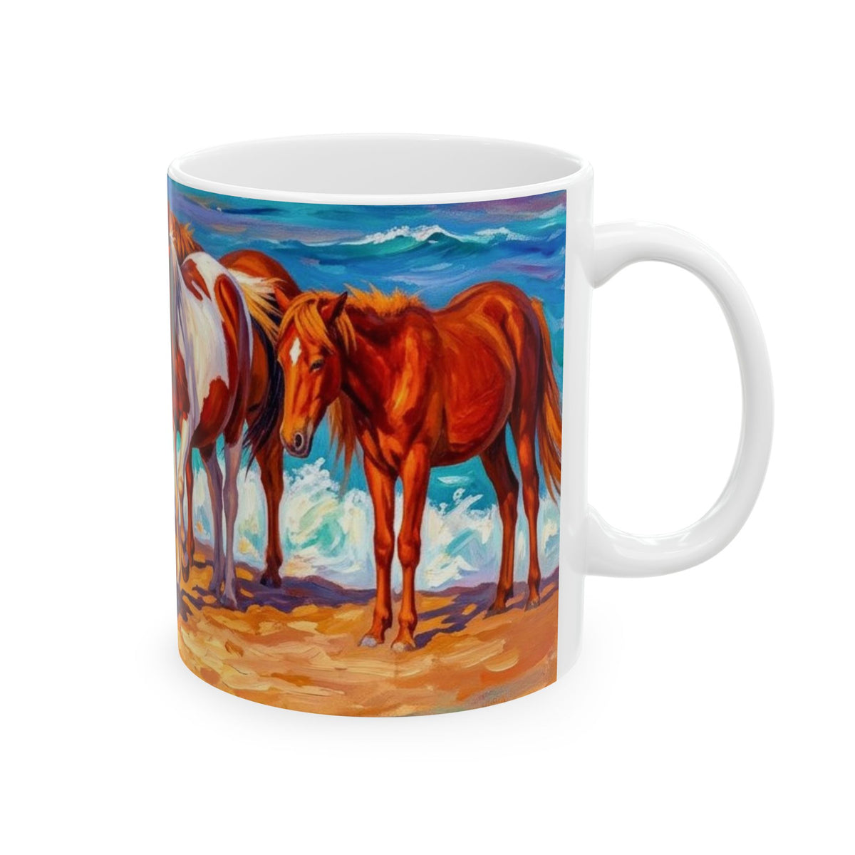 Beach Horses Ceramic Mug — Colorful Wild Pony Ocean Art (11oz, 15oz)