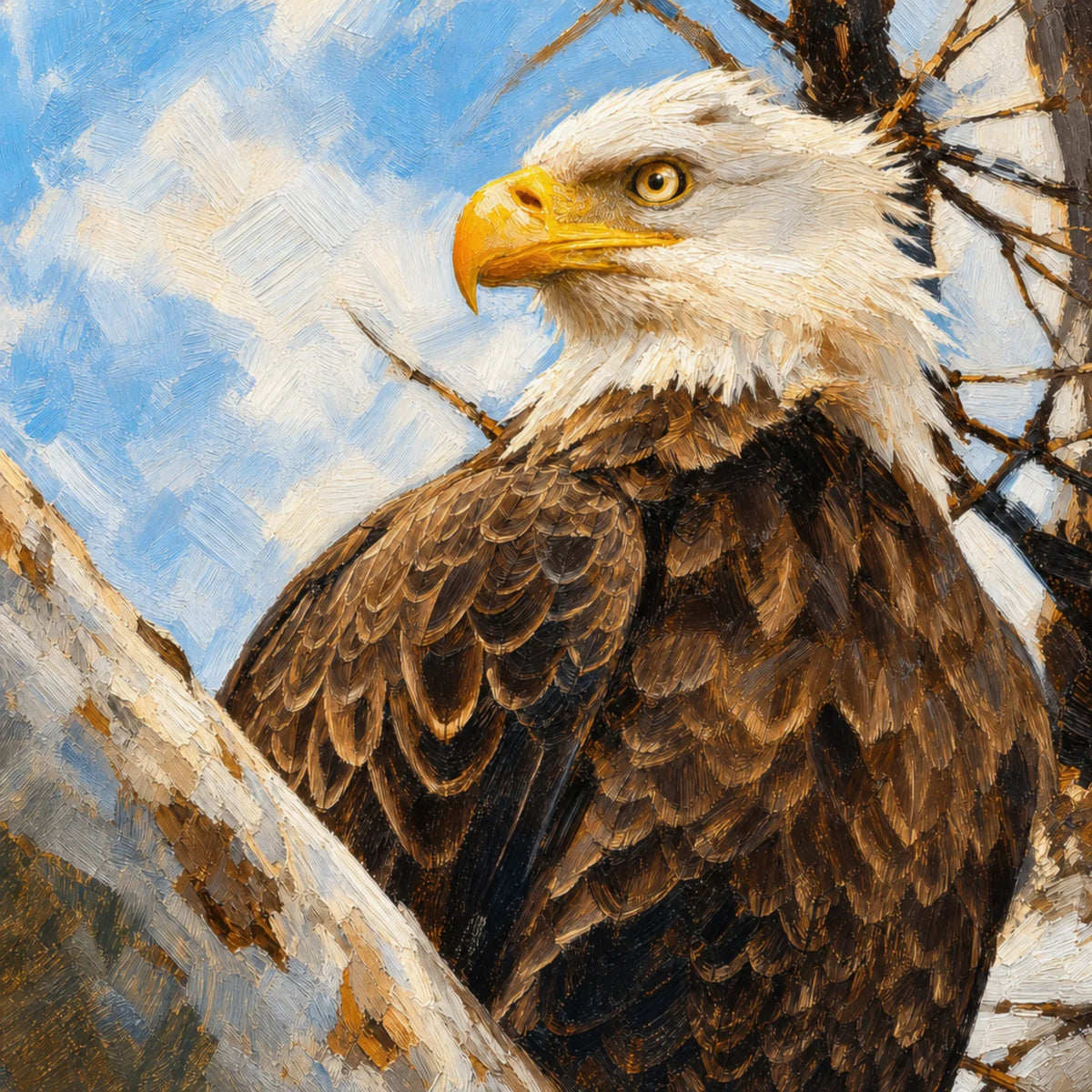Art generated oil painting of a majestic bald eagle perched on a branch against a blue sky. Edited from a  raw photo. 