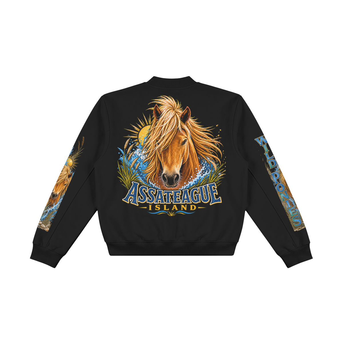 Black bomber jacket featuring a graphic of a wild pony on Assateague Island.