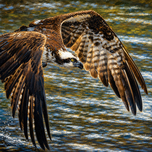 Osprey in flight over water, cinematic travel photography by Jeff H Travels