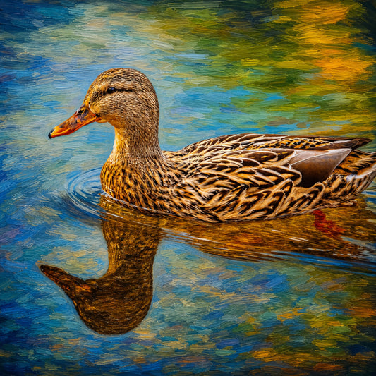Impressionist oil painting of a Mallard duck swimming on colorful water by Jeff H Travels