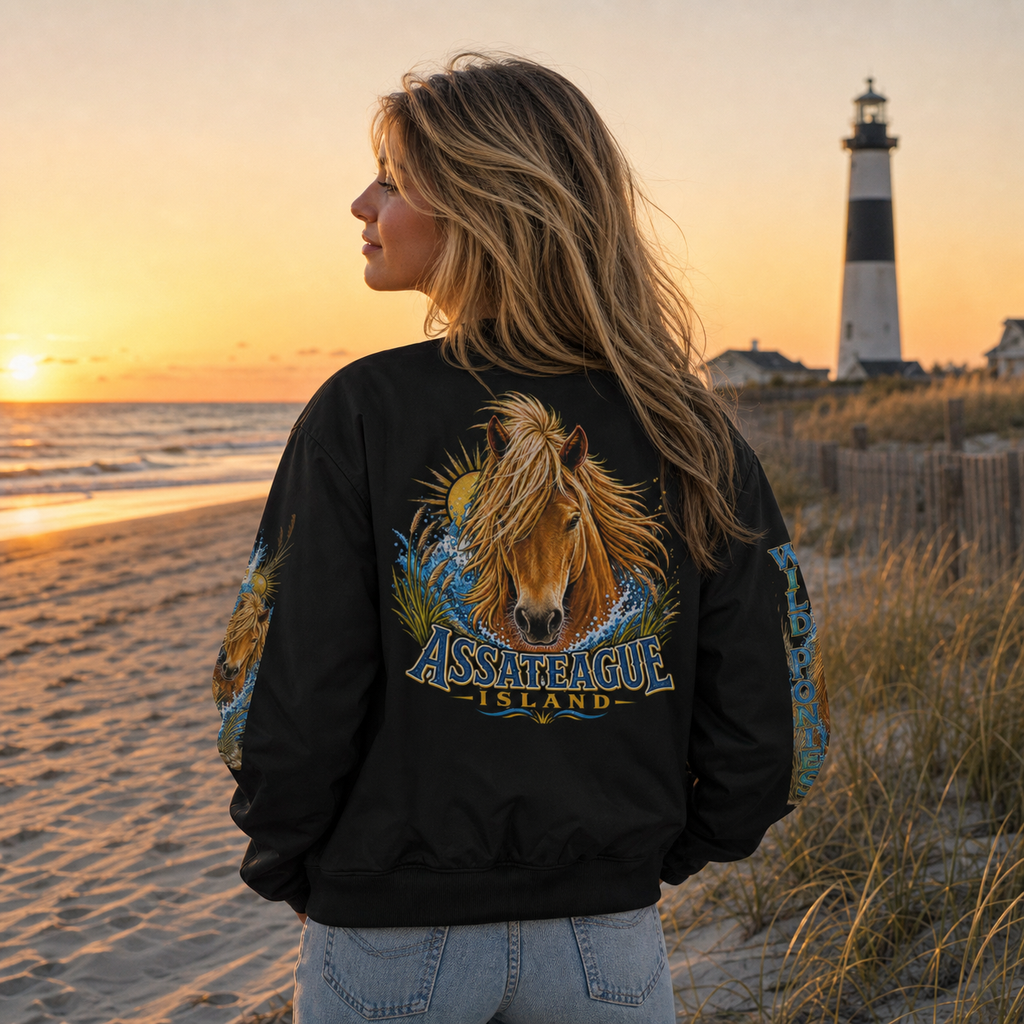 Woman wearing a black Assateague Island Wild Pony bomber jacket standing on a beach at sunset