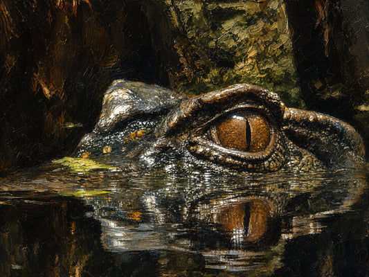 Close-up fine art photography of a caiman eye peering from tropical water, Jeff H Travels