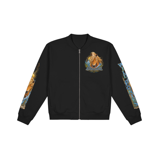 Black bomber jacket featuring an Assateague Island wild pony graphic and text.
